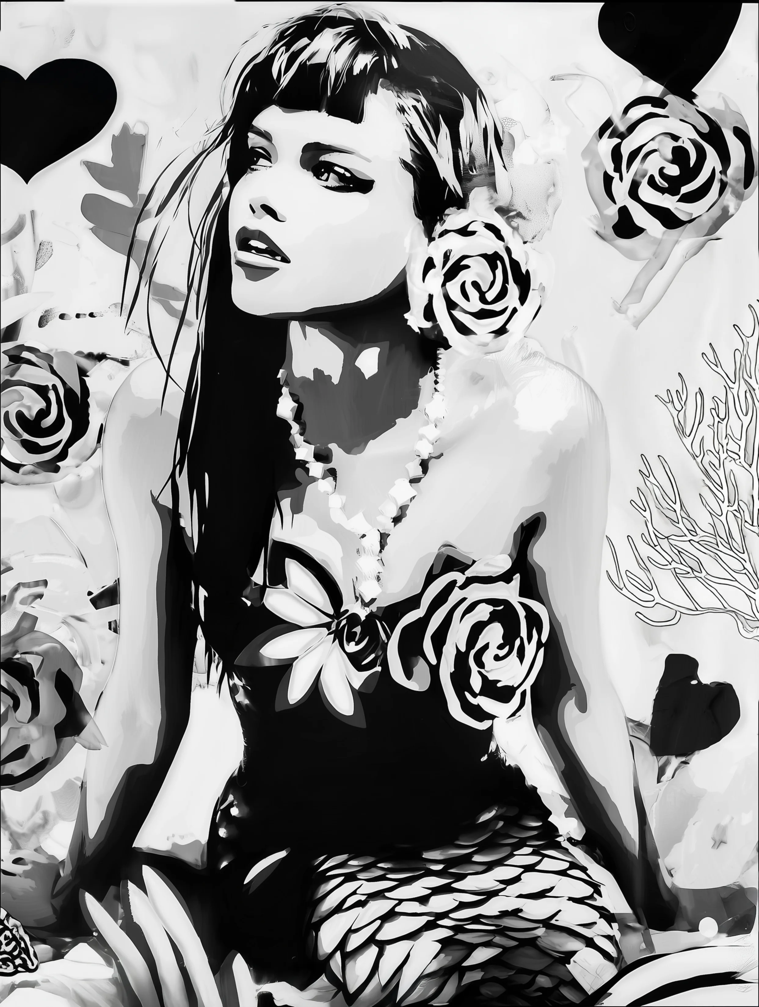 Free printable mermaid coloring page for adults featuring a pretty mermaid with flower hair clip